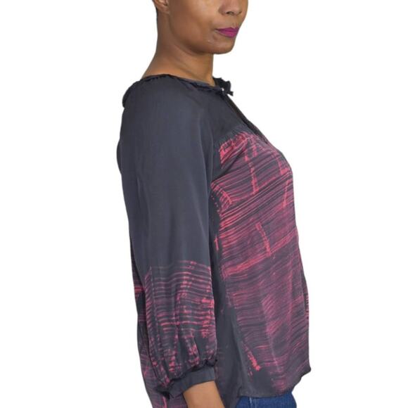 Gypsy 05 Silk Blouse Black Tunic Keyhole Ruffle Collar Top Tie Dye Boho Size XS - Picture 8 of 15